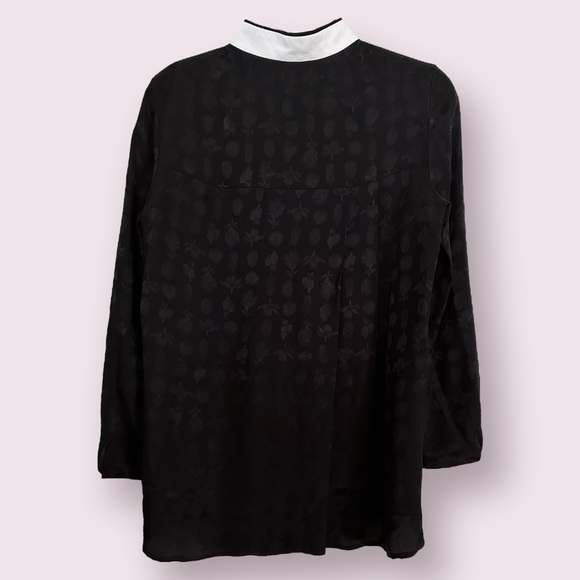 The Row Silk Blouse Black Long Sleeve Jacquard White Mock Neck Collar Size 6 - Picture 2 of 15